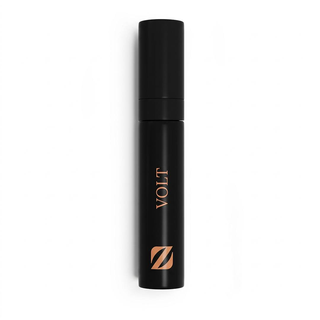 Vaporizador de viaje negro Olfazeta by Chogan Volt, nombre y logo Z cobrizos sobre fondo blanco