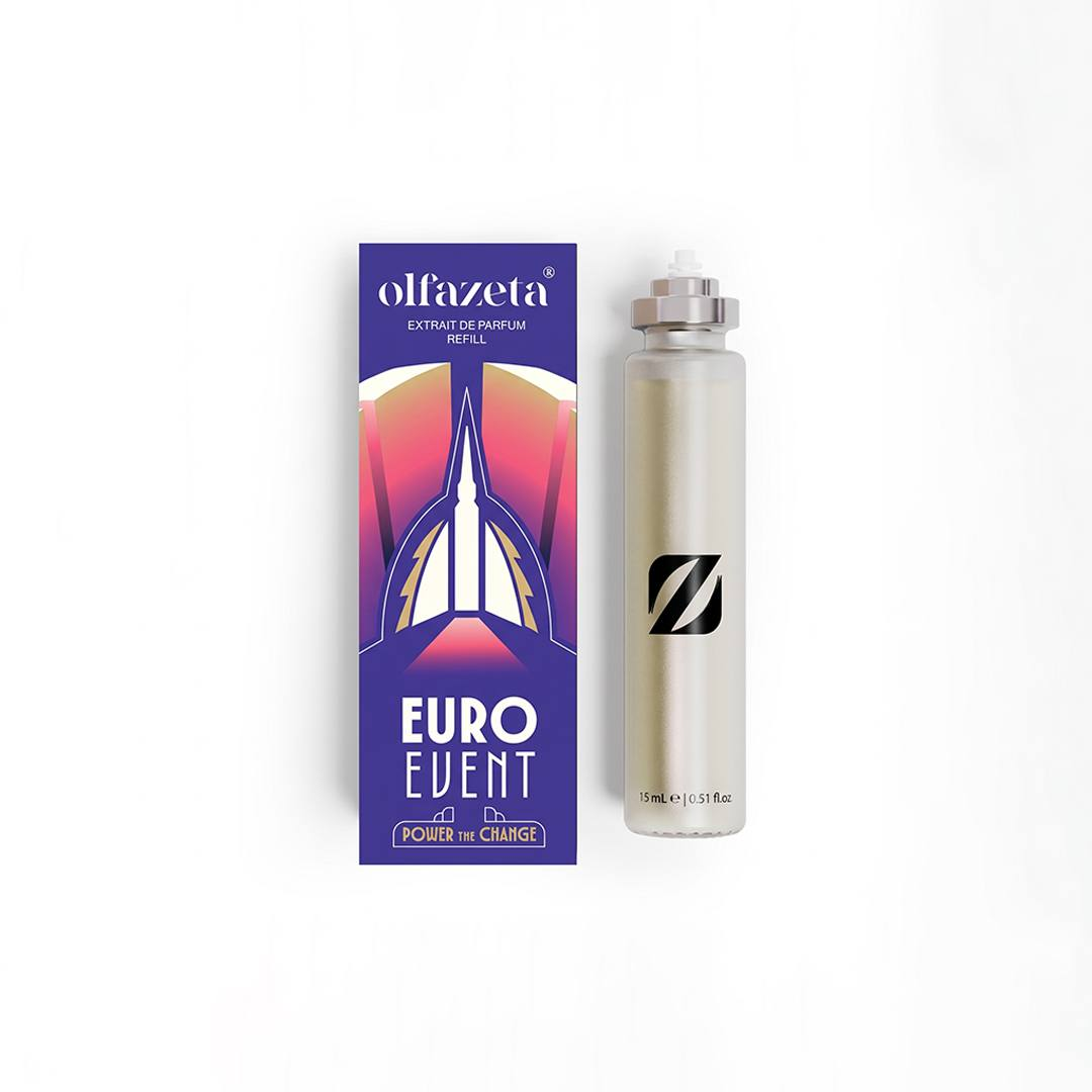 Estuche violeta Olfazeta EuroEvent con ilustración colorida y recarga Extrait de Parfum 15 mL